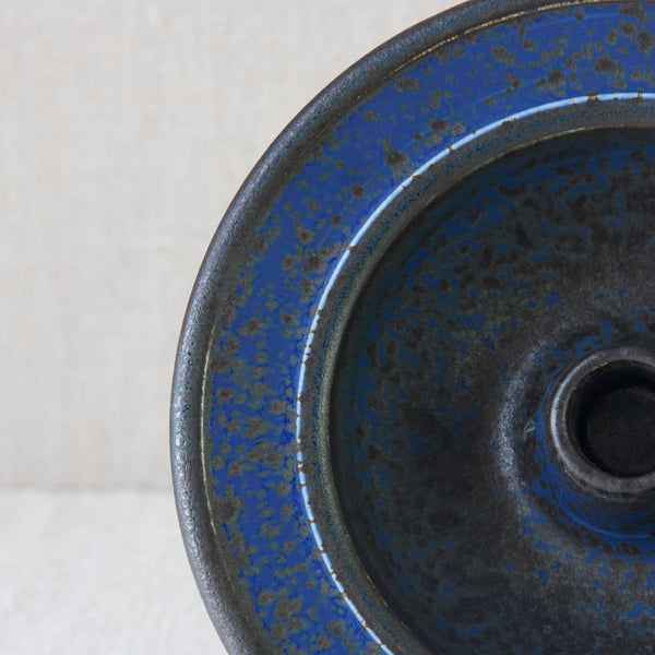 Bright cobalt blue glaze on Anja Juurikkala candle holder dish. Designed and handmade at Arabia studio, Helsinki, Finland 