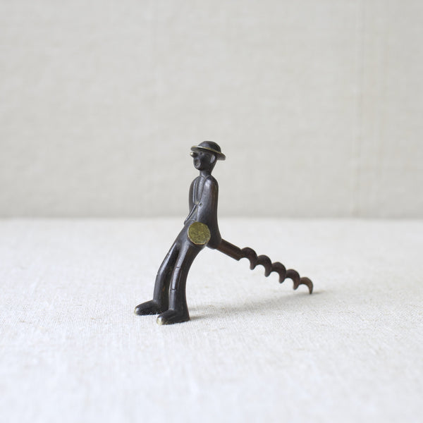 This rare "Vagabond" man corkscrew by Richard Rohac, made from brass in the 1950s, is available for sale. Rohac’s designs are highly prized for their minimalist aesthetic and Modernist appeal.