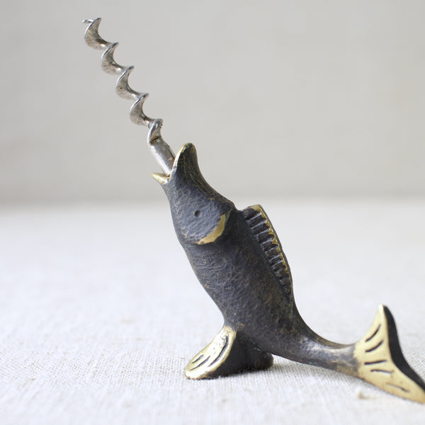 A vintage brass fish corkscrew designed by Walter Bosse, manufactured by Herta Baller in the 1950s. The playful and modern design reflects Bosse’s impact on Viennese Modernist metalwork.