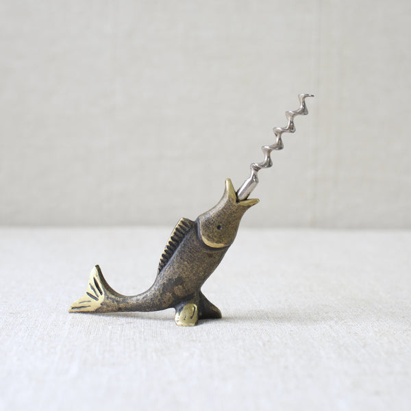 A rare brass corkscrew designed by Walter Bosse in the 1950s, produced by Herta Baller in Vienna. This whimsical fish design captures the charm of Bosse’s Modernist Viennese metalwork, making it a highly collectible piece.