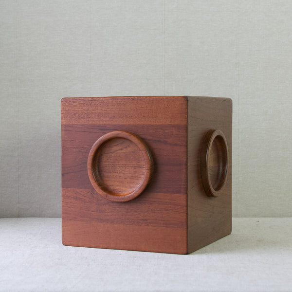 Mid Century Scandinavian teak ice bucket designed by Jens Quistgaard JHQ in the form of a cube.