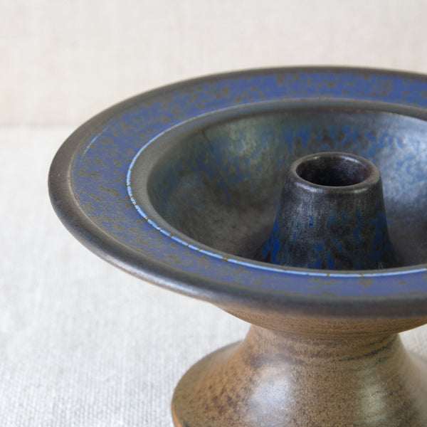 Cobalt blue glaze on handmade candlestick holder, Anja Juurikkala, 1950's Nordic homewares from Finland.