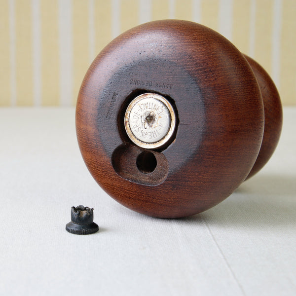 Dansk teak combination salt and pepper mill, model 822, designed by Jens Quistgaard, a rare mid-century collectible. Image shows early makers mark and all metal Peugeot grinder.