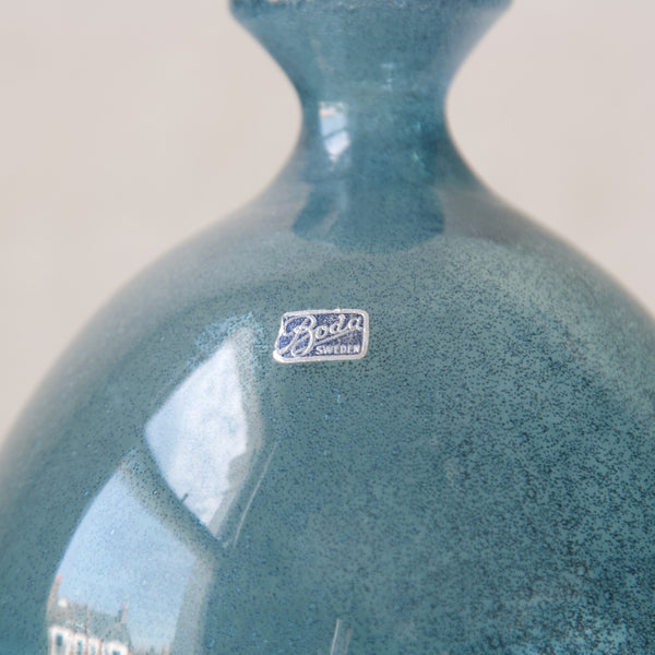 Early Boda sticker on Erik Hoglund teal blue glass modernist Carborundum vase 