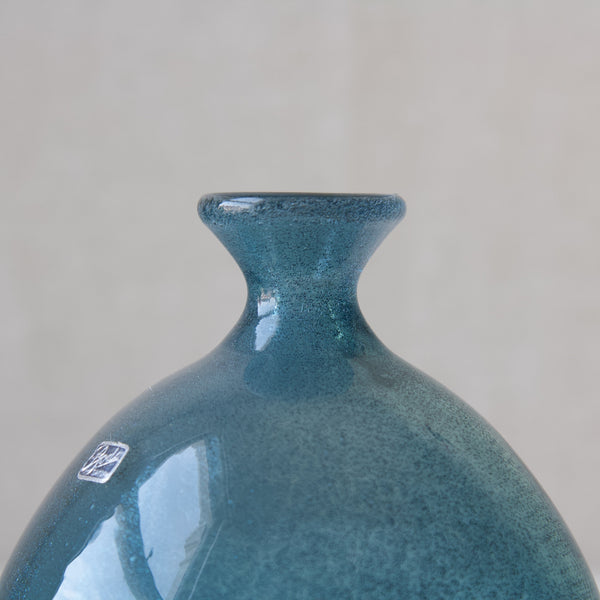 Erik Hoglund Carborundum teal blue glass vase with early Boda sticker