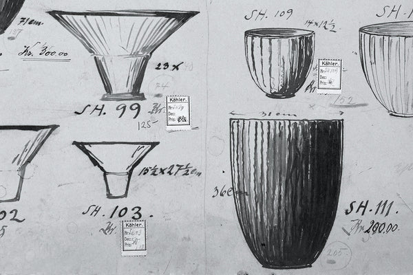 Hand drawn ceramic designs from Svend Hammershøi's workbook or note book.