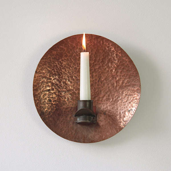 Arts and crafts copper wall sconce from 1910, highlighting early twentieth-century British design and craftsmanship.