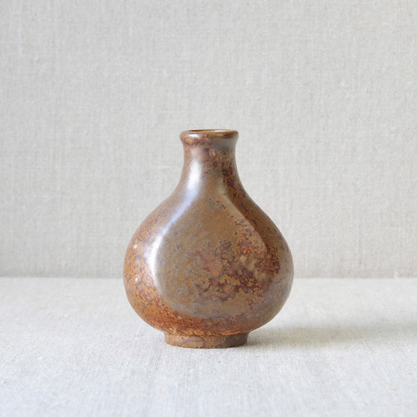 Lead image of a rare Bode Willumsen bottle-vase. A brown stoneware example of Danish organic modernism, presented at the anniversary party of King Christian X of Denmark. 