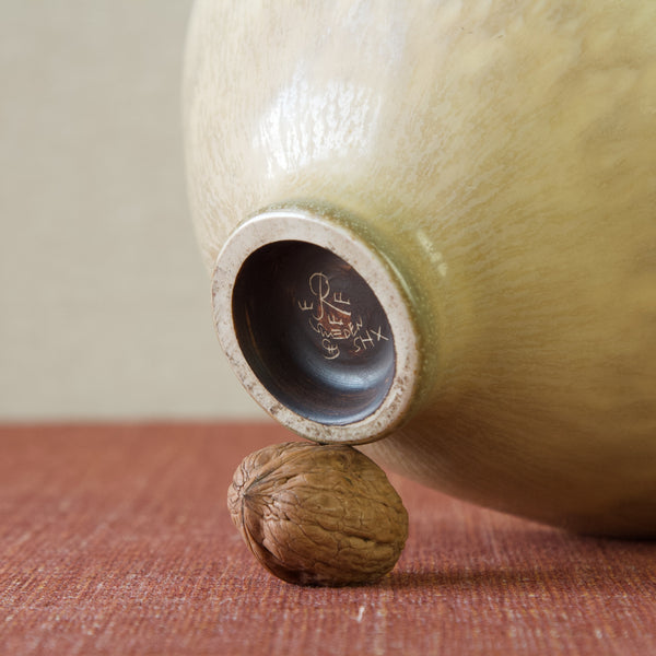 Elegant SAF bowl with organic form by Carl-Harry Stålhane, Rörstrand, featuring hare's fur glaze and hand signed branding.