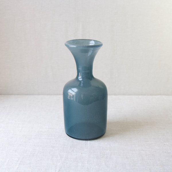 Collectable Scandinavian Modernist glass vase by Erik Hoglund in teal blue glittery 'Carborundum' glass 