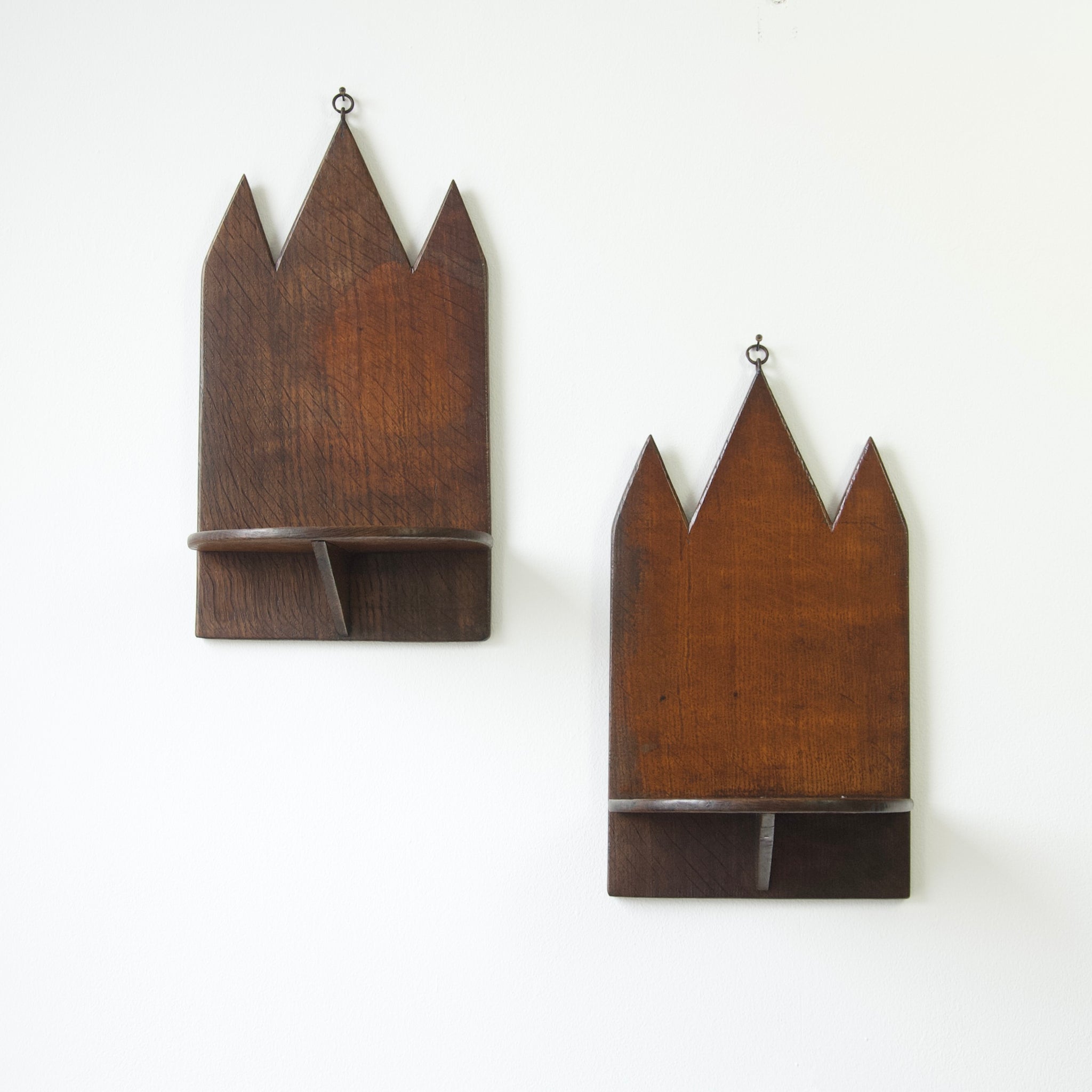 Handmade pair of Naïve folk-art gothic inspired oak shelves, 1920's