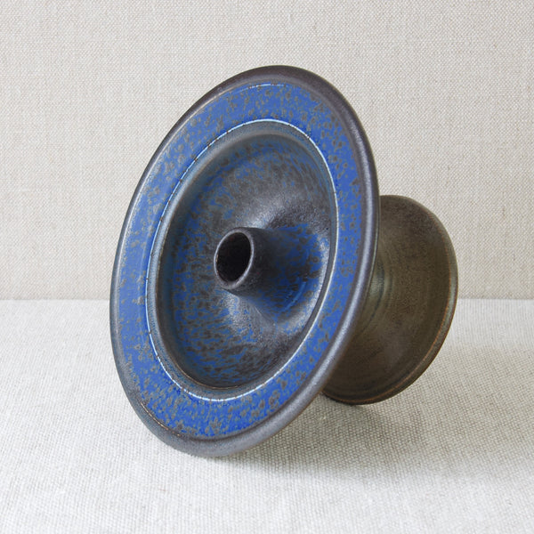 Handmade Arabia Finland studio pottery stoneware candle holder with blue glaze, designed by Anja Juurikkala, 1950's Nordic design