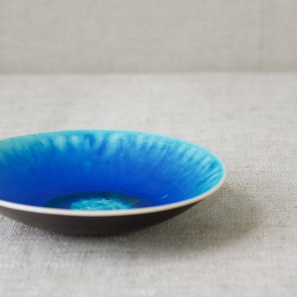 Bright blue glaze on Arabia Finland small dish, designed by Friedl Holzer-Kjellberg, 1950's