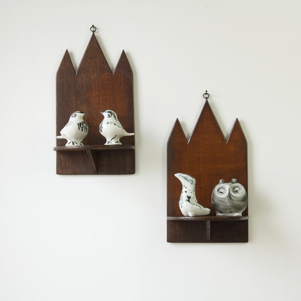 Handmade naive Oak Wall Sconce Shelves - Vintage British Craftsmanship, displaying a collection of Susan Parkinson Pottery birds