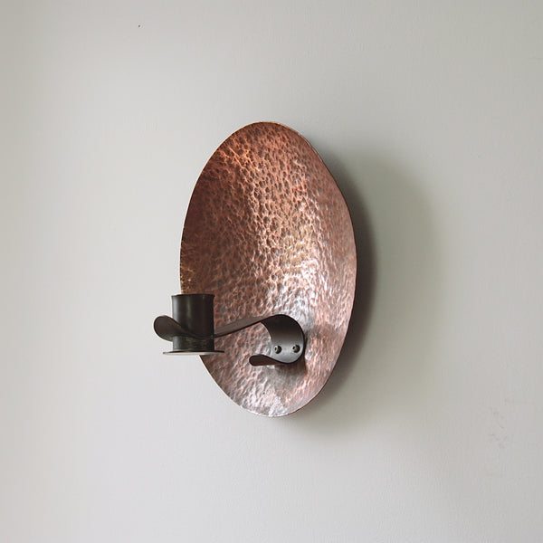 Scroll arm copper wall sconce, inspired by C.F.A. Voysey and Charles Robert Ashbee, circa 1910.