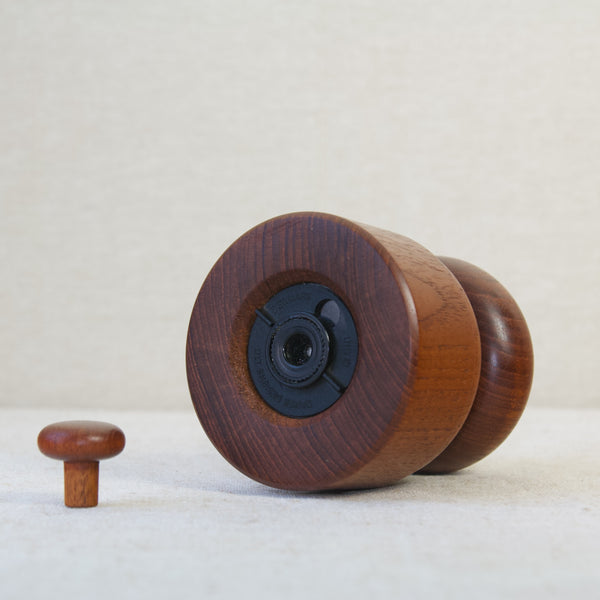 Image showing the underside or base of a vintage Model 1616 Jens Quistgaard pepper mill. This Mushroom shaped design has an all plastic grinding mechanism and was produced in Denmark.