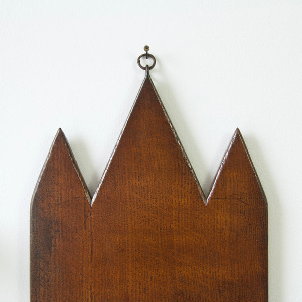 Detail of crown on early 20th Century British Oak Wall Sconce Shelves, showing Vintage handmade Charm