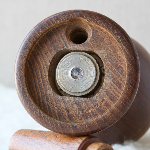 Close up showing an early all metal grinding mechanism on a 1950s Jens Quistgaard peppermill, made in Denmark. 