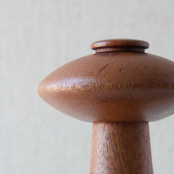 Close up showing the high quality teak wood used in early Dansk Design products made in Denmark in the late-1950s. Mushroom design pepper mill by JHQ.