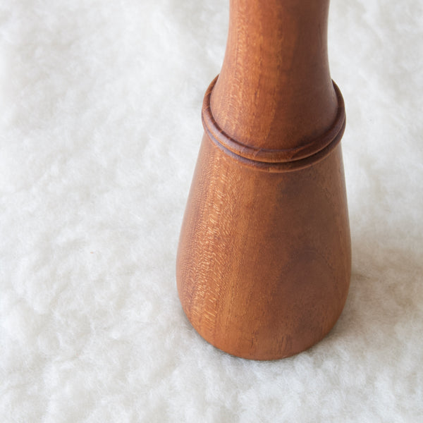 Detail shot showing the lighter coloured speckles in the seasoned teak wood used in early production Dansk Design pepper mills made in Denmark. Design by JHQ, late-1950s.