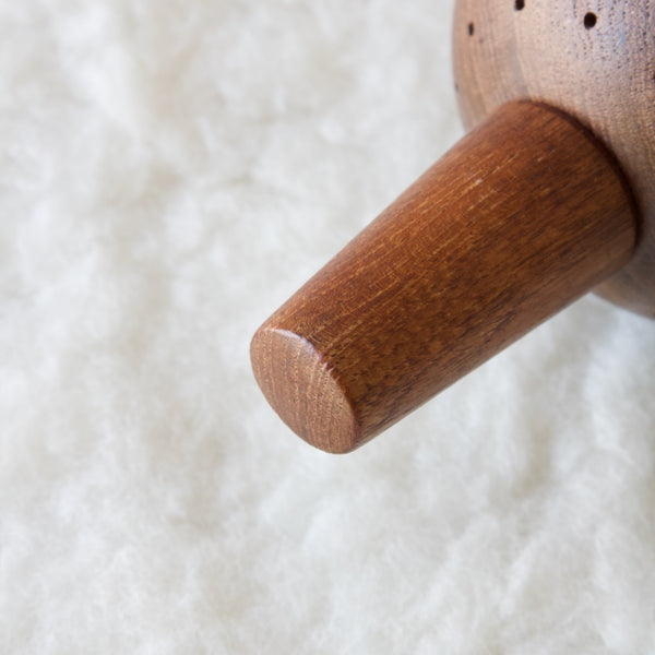 Detail showing high quality teak wood used in the construction of early Dansk Designs pepper mills, made in Denmark, late-1950s. View this rare collectable Scandinavian design and many more online or by appointment at Art & Utility, London.