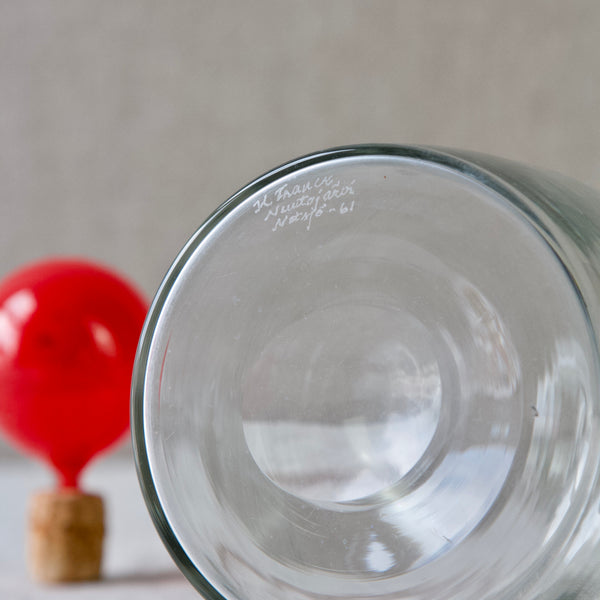 detail showing hand written signature on base of model kf503 decanter etched branding kaj franck nuutajarvi notsjo 1961