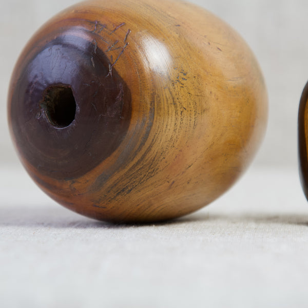 Detail showing the glorious grain and colours in lignum vitae wood. These antique items are available for world wide shipping from Art & Utility, London. 